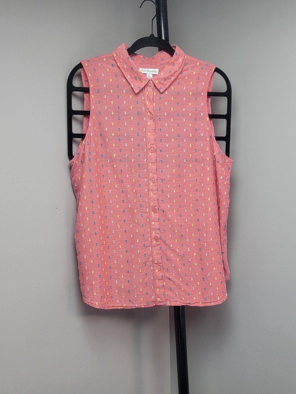 Kim Rogers Womens Large Button Up Top Blouse Sleeveless Pink Cotton Polka Dot